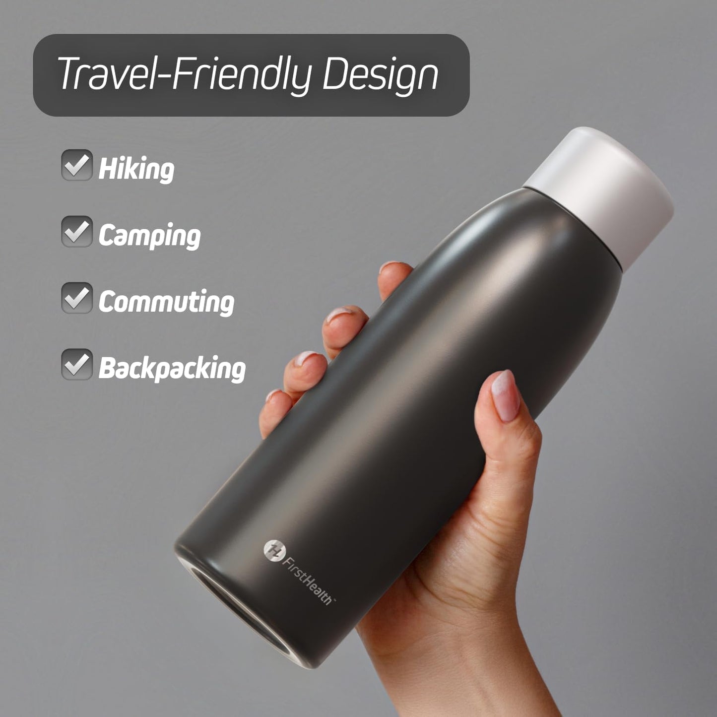 Self Cleaning Insulated Stainless Steel UV Water Bottle, 18 Oz Rechargeable, Reusable, UV Water Purifier, Kills 99.9% of Germs, Bacteria, Keeps Hot for 12-HR or Cold for 24-HR